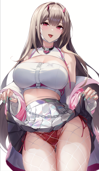 Anime-Bild 1268x2186 mit goddess of victory: nikke viper (nikke) rikiddo (tise 00) single long hair tall image looking at viewer blush fringe breasts light erotic smile red eyes large breasts standing bare shoulders cleavage blunt bangs long sleeves nail polish