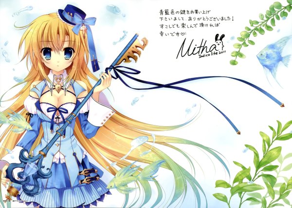 Anime picture 5896x4210 with mitha single long hair highres blue eyes blonde hair absurdres inscription girl dress ribbon (ribbons) hat fish (fishes) mini hat mini top hat key