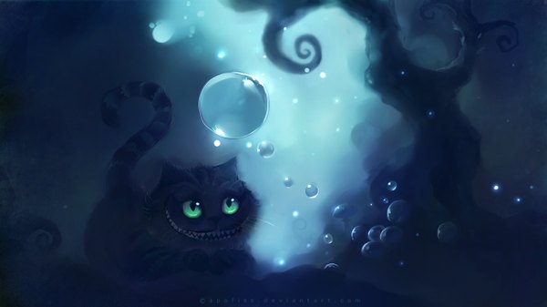 Anime picture 1280x720 with alice in wonderland cheshire cat apofiss smile wide image green eyes animal cat bubble (bubbles)