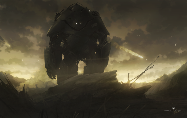 Anime picture 2000x1266 with original keepwalking07 highres cloud (clouds) glowing smoke mountain glowing eye (eyes) mecha