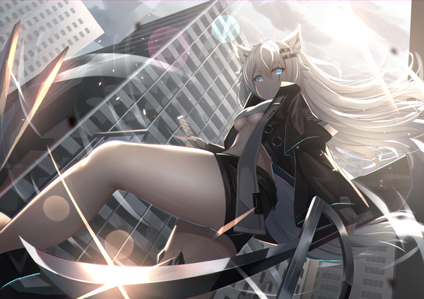 Anime picture 2339x1654 with arknights lappland (arknights) f (milfaaaaa) single long hair looking at viewer fringe highres breasts blue eyes light erotic standing holding animal ears payot sky silver hair cloud (clouds) bent knee (knees) outdoors