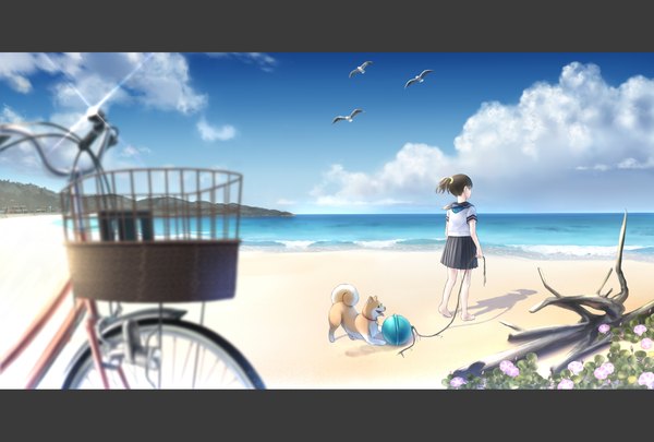 Anime picture 1748x1181 with original taka (tsmix) single highres short hair black hair standing sky cloud (clouds) outdoors ponytail barefoot from behind beach letterboxed horizon summer girl uniform animal
