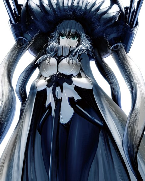 Anime picture 800x1000 with kantai collection wo-class aircraft carrier masao single long hair tall image looking at viewer breasts simple background large breasts white background aqua eyes grey hair teeth covered navel pale skin shinkaisei-kan girl gloves black gloves