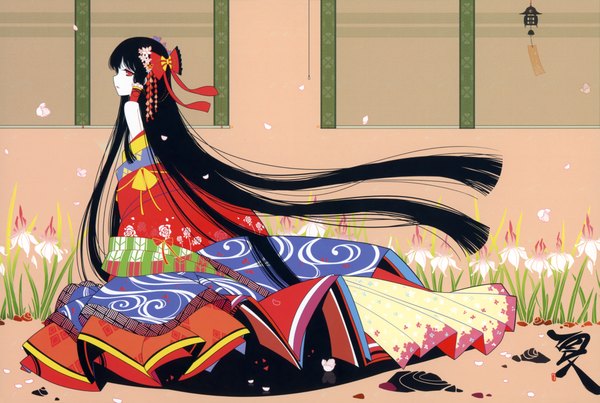 Anime picture 4661x3132 with touhou hakurei reimu ideolo single highres black hair red eyes absurdres very long hair japanese clothes girl flower (flowers) bow hair bow petals kimono