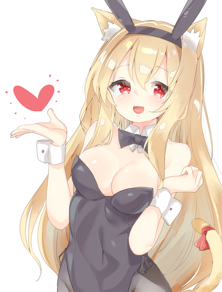 Anime picture 1000x1313 with original nyaa-san (kanijiru) kamioka shun'ya single long hair tall image looking at viewer fringe breasts open mouth light erotic blonde hair simple background hair between eyes red eyes large breasts white background animal ears cleavage tail