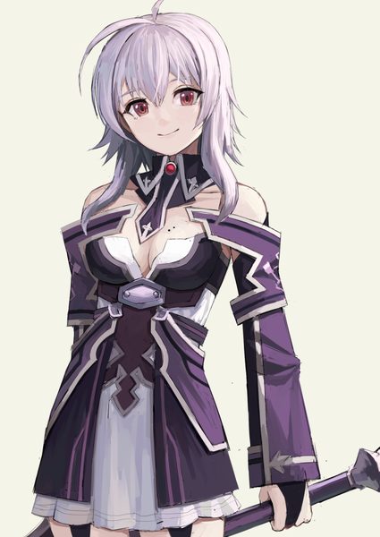 Anime picture 715x1010 with sword art online a-1 pictures strea (sao) fagi (kakikaki) single tall image looking at viewer fringe short hair simple background smile hair between eyes red eyes standing cleavage silver hair ahoge mole yellow background mole on breast