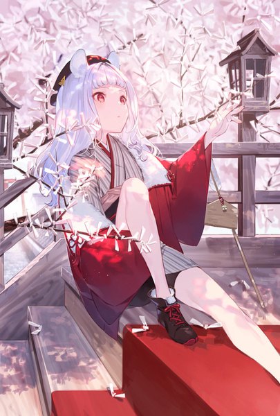 Anime picture 1000x1480 with original hotosoka (user nxja5583) single long hair tall image fringe red eyes sitting animal ears looking away outdoors white hair blunt bangs traditional clothes japanese clothes outstretched arm mouse ears girl beret stairs