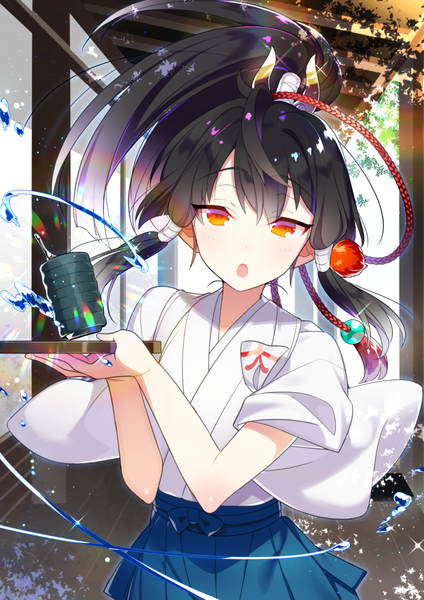 Anime picture 849x1200 with original akemaru single long hair tall image looking at viewer open mouth black hair ponytail traditional clothes japanese clothes sparkle orange eyes otoko no ko boy water tray hakama yunomi