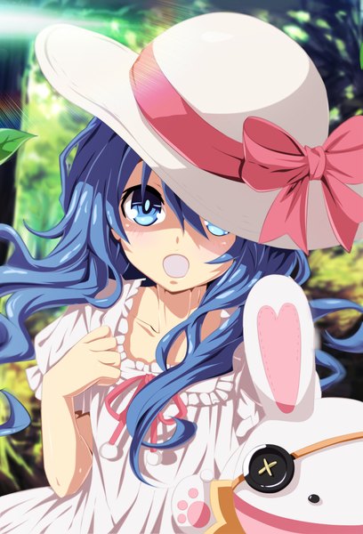 Anime picture 1498x2200 with date a live yoshino (date a live) yoshinon i-azu single long hair tall image blush open mouth blue eyes blue hair coloring girl dress hat eyepatch bunny hand puppet