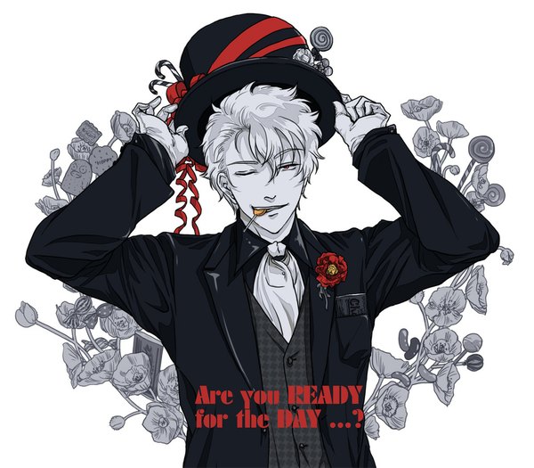 Anime picture 1000x875 with gintama sunrise (studio) sakata gintoki nijita single looking at viewer open mouth simple background smile white background one eye closed wink inscription gloves flower (flowers) hat food jacket sweets suit