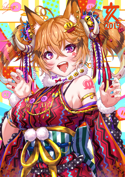 Anime picture 1000x1414 with original sakiyamama single long hair tall image looking at viewer blush fringe breasts open mouth light erotic smile hair between eyes large breasts standing twintails purple eyes bare shoulders signed animal ears