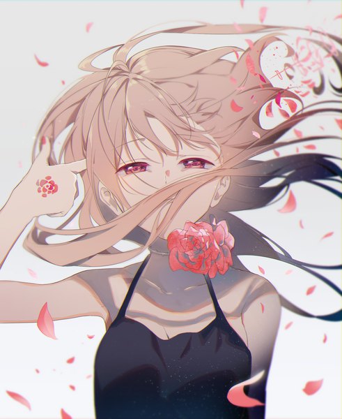 Anime picture 1668x2039 with original omutatsu single long hair tall image looking at viewer fringe simple background hair between eyes red eyes brown hair bare shoulders payot upper body ahoge nail polish arm up wind grey background shadow