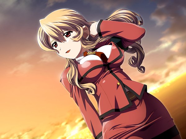 Anime picture 1200x900 with edelweiss ibuki mei single long hair breasts open mouth blonde hair red eyes large breasts standing payot game cg sky cloud (clouds) outdoors :d wind dutch angle adjusting hair evening