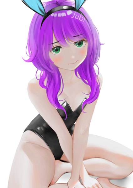 Anime picture 2480x3508 with original isabelle (acerailgun) jubi (regiana) single long hair tall image looking at viewer highres light erotic simple background white background sitting green eyes signed animal ears purple hair barefoot bare legs bunny ears fake animal ears