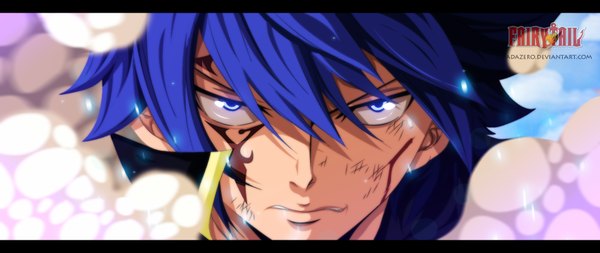 Anime picture 1900x802 with fairy tail jellal fernandes espadazero single highres short hair blue eyes wide image blue hair sky cloud (clouds) inscription tattoo coloring facial mark letterboxed close-up smoke face angry