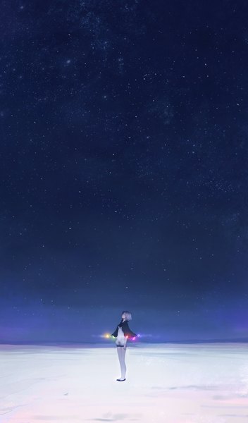 Anime picture 896x1524 with original hachiyuki single tall image short hair blue hair night night sky looking up girl star (stars)