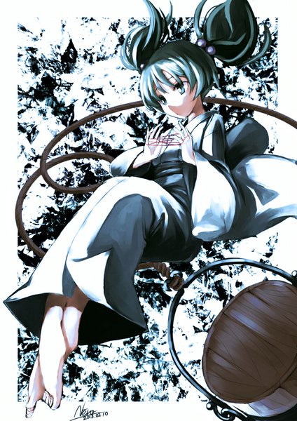 Anime picture 723x1024 with touhou kisume kuroneko nero single tall image short hair twintails signed traditional clothes japanese clothes barefoot aqua eyes aqua hair border short twintails outside border girl yukata thread red thread