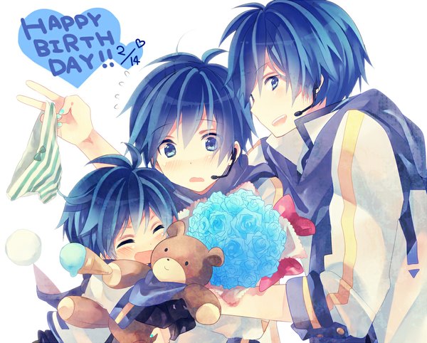 Anime picture 1071x861 with vocaloid kaito (vocaloid) non (hey you!) blush short hair open mouth blue eyes simple background smile white background blue hair eyes closed nail polish inscription multiple boys hug victory happy birthday twisty sleeves multiple persona