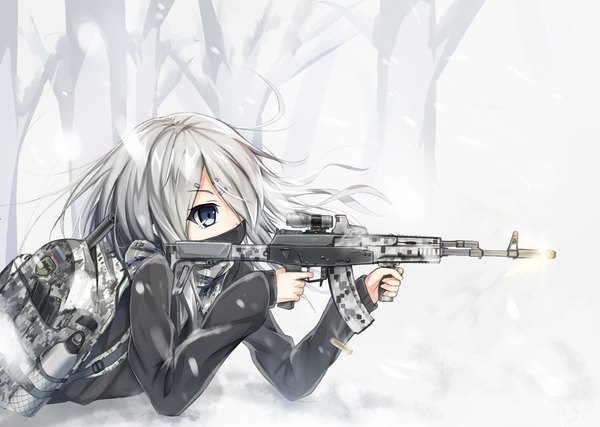 Anime picture 3000x2134 with original hagi (ame hagi) single long hair fringe highres blue eyes silver hair long sleeves hair over one eye snowing snow firing casing ejection girl weapon gun bag mask bottle