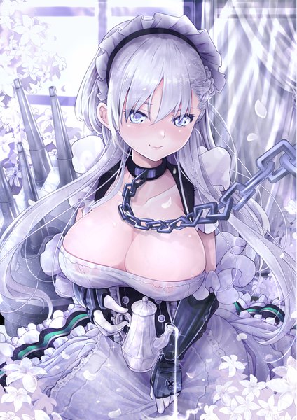 Anime picture 1191x1684 with azur lane belfast (azur lane) momin (momomikan2x) single long hair tall image breasts light erotic smile large breasts cleavage silver hair from above sparkle maid silver eyes girl uniform flower (flowers) petals