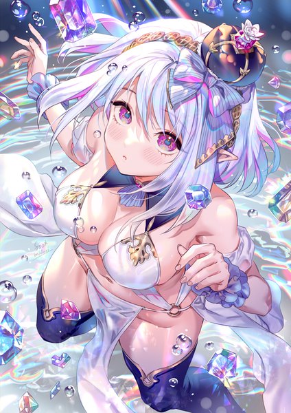 Anime picture 1018x1440 with original midori foo single tall image looking at viewer blush fringe short hair breasts light erotic hair between eyes large breasts purple eyes signed cleavage silver hair parted lips multicolored hair fingernails from above
