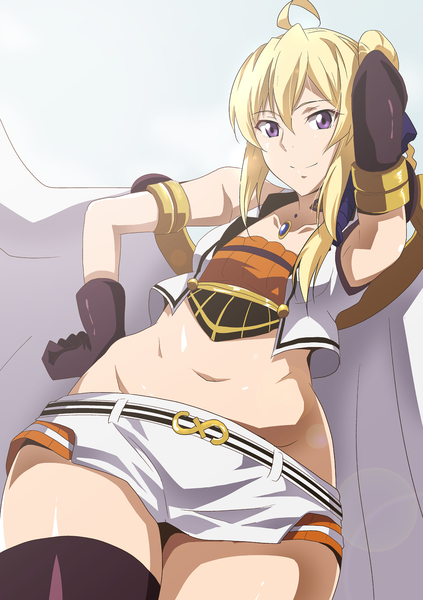 Anime picture 1180x1672 with grancrest senki a-1 pictures siluca meletes hera (harayutaka) single long hair tall image looking at viewer fringe light erotic blonde hair smile hair between eyes standing purple eyes payot sky ahoge braid (braids) mole