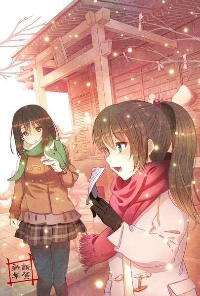 Anime picture 1181x1748 with original furai (furai127) long hair tall image open mouth blue eyes black hair brown hair multiple girls brown eyes ponytail profile dutch angle snowing winter girl 2 girls jacket scarf
