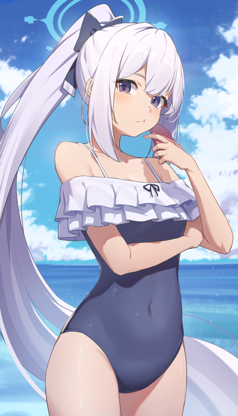 Anime picture 1099x1921 with blue archive miyako (blue archive) miyako (swimsuit) (blue archive) reulem single tall image looking at viewer standing purple eyes sky silver hair cloud (clouds) ponytail very long hair official alternate costume covered navel horizon girl bow swimsuit