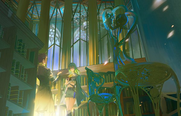Anime picture 2336x1500 with fire emblem fire emblem: three houses nintendo byleth (fire emblem) byleth (female) (fire emblem) claude von riegan enlightened byleth (female) minty0 long hair fringe highres short hair hair between eyes brown hair standing green eyes indoors green hair crossed arms girl