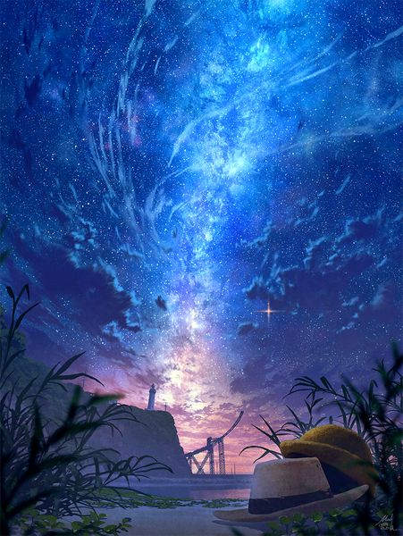 Anime picture 978x1300 with original mocha (cotton) tall image signed cloud (clouds) night from below night sky evening sunset horizon mountain no people landscape scenic milky way plant (plants) hat water building (buildings)