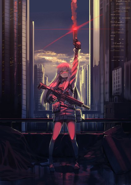 Anime picture 1500x2123 with girls frontline hk416 (girls frontline) ihobus single long hair tall image looking at viewer fringe standing holding green eyes sky cloud (clouds) full body blunt bangs pleated skirt arm up grey hair hair over one eye city