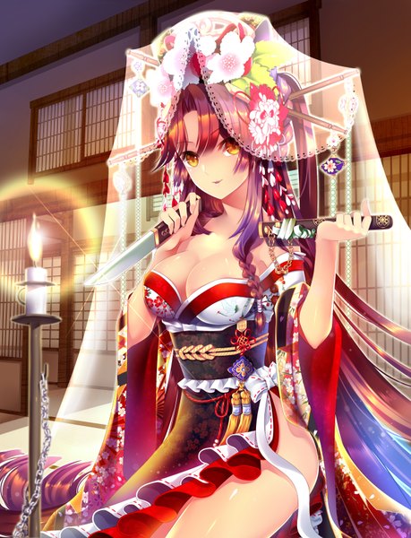 Anime picture 2600x3400 with original agrt single long hair tall image looking at viewer highres breasts open mouth light erotic smile large breasts bare shoulders holding yellow eyes cleavage red hair traditional clothes japanese clothes legs