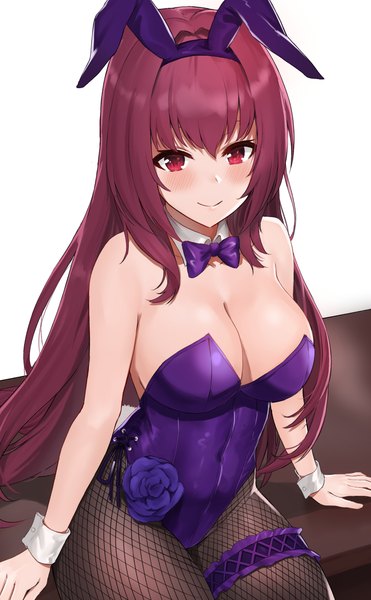 Anime picture 1878x3035 with fate (series) fate/grand order scathach (fate) (all) scathach (fate) scathach (piercing bunny) (fate) ayul (ayulneri 92) single long hair tall image looking at viewer blush fringe highres breasts light erotic simple background smile hair between eyes red eyes large breasts