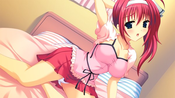 Anime picture 1024x576 with love-bride eve single short hair open mouth blue eyes light erotic wide image game cg red hair pantyshot girl