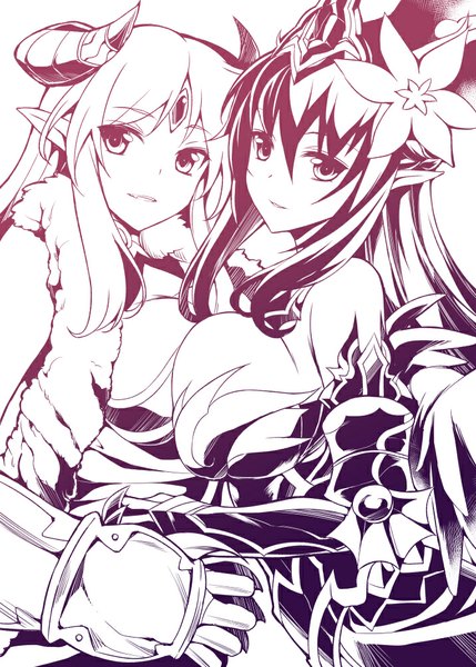 Anime picture 715x1000 with puzzle & dragons persephone (p&d) mushi024 long hair tall image looking at viewer fringe breasts blonde hair large breasts multiple girls hair flower horn (horns) light smile pointy ears monochrome breast press dark hair girl hair ornament