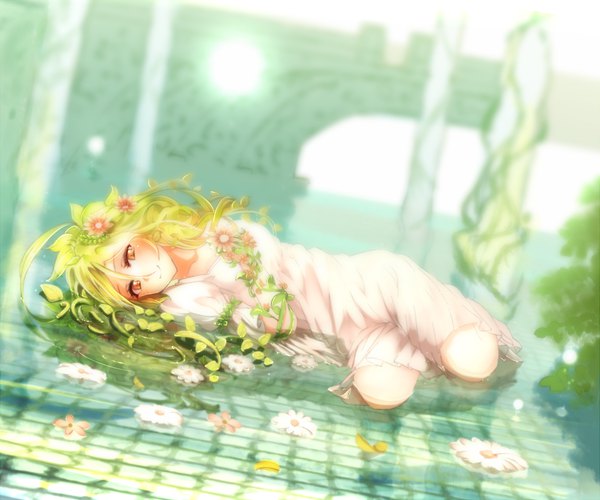 Anime picture 1200x1000 with shironeko project unier single long hair looking at viewer blush fringe smile hair between eyes lying hair flower green hair wet orange eyes on side girl dress flower (flowers) plant (plants) petals