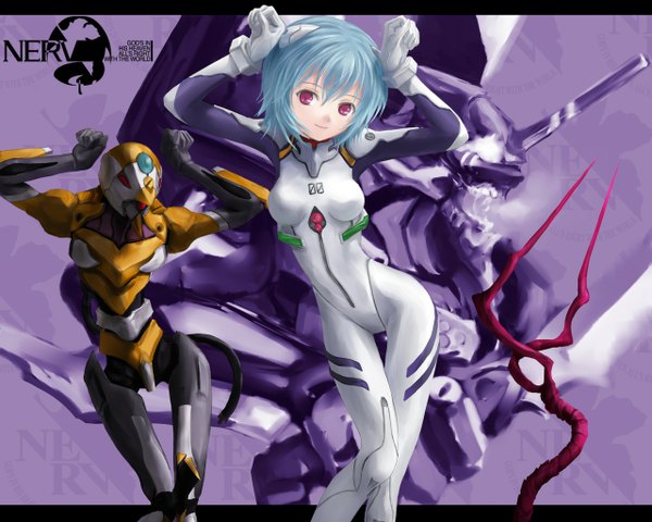 Anime picture 1280x1024 with neon genesis evangelion rebuild of evangelion evangelion: 2.0 you can (not) advance gainax ayanami rei eva 00 looking at viewer red eyes blue hair arms up nerv caramelldansen bodysuit spear mecha