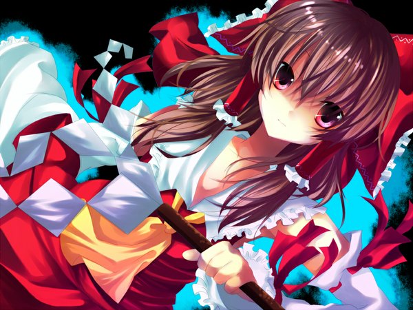 Anime picture 1000x750 with touhou hakurei reimu kisaragi kiriha single long hair looking at viewer red eyes brown hair girl bow hair bow detached sleeves gohei