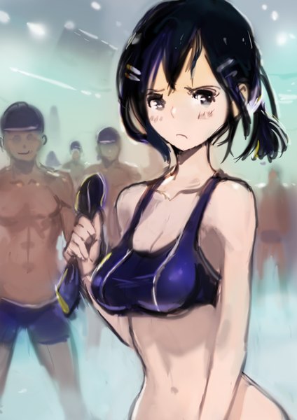 Anime picture 2480x3508 with original okuto tall image looking at viewer blush fringe highres short hair breasts light erotic black hair bare shoulders holding upper body ponytail bare belly grey eyes depth of field embarrassed solo focus