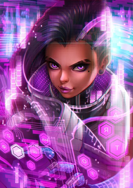 Anime-Bild 700x990 mit overwatch blizzard entertainment sombra (overwatch) magion02 single long hair tall image looking at viewer black hair purple eyes upper body realistic mole mole under eye lipstick piercing ear piercing eyebrows pink lipstick asymmetrical hair