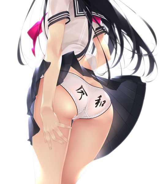 Anime picture 1500x1700 with original murakami suigun single long hair tall image light erotic black hair simple background standing white background ass pleated skirt wind from behind short sleeves pantyshot thighs thigh gap hieroglyph head out of frame