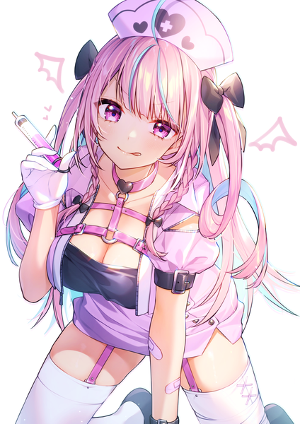 Anime picture 1681x2378 with virtual youtuber hololive minato aqua kitazume kumie single long hair tall image fringe breasts light erotic simple background white background pink hair cleavage ahoge pink eyes multicolored hair two side up puffy sleeves streaked hair