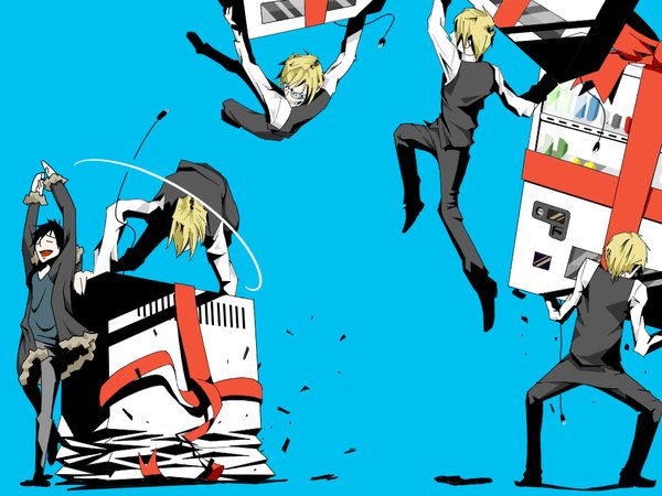 Anime picture 1024x768 with durarara!! brains base (studio) orihara izaya heiwajima shizuo pikushibuaidhy short hair open mouth black hair blonde hair simple background eyes closed multiple boys blue background jumping multiple persona humor boy glasses jacket 2 boys