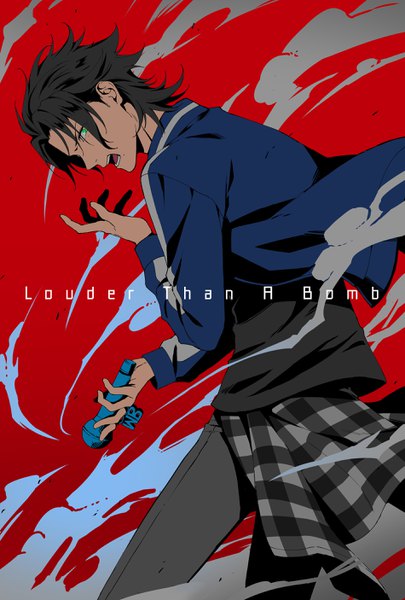 Anime picture 1900x2812 with hypnosis mic yamada jirou kobutsushou single tall image looking at viewer highres short hair open mouth black hair simple background holding profile aqua eyes mole mole under eye text red background english mole under mouth