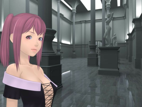 Anime picture 1024x768 with original yoshino momiji short hair purple eyes twintails bare shoulders purple hair pillar statue museum