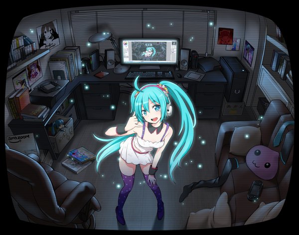Anime picture 1650x1300 with vocaloid redial (vocaloid) hatsune miku zaxwu single open mouth blue eyes twintails bare shoulders ahoge very long hair aqua hair polka dot girl thighhighs book (books) couch room monitor computer