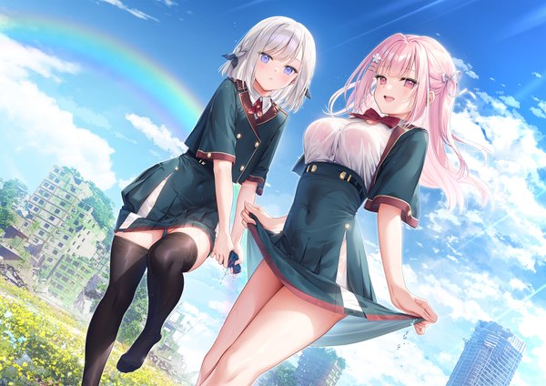 Anime picture 3840x2716 with original mignon long hair looking at viewer fringe highres short hair breasts open mouth light erotic smile large breasts standing purple eyes multiple girls pink hair absurdres sky silver hair cloud (clouds)