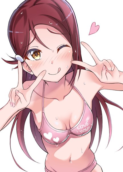 Anime picture 719x1000 with love live! sunshine!! sunrise (studio) love live! sakurauchi riko aranami shibuki single long hair tall image looking at viewer blush fringe breasts light erotic simple background standing white background bare shoulders yellow eyes payot cleavage