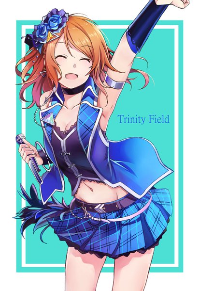 Anime picture 2031x2952 with idolmaster idolmaster cinderella girls idolmaster cinderella girls starlight stage houjou karen jeffrey10 single long hair tall image highres open mouth eyes closed arm up orange hair armpit (armpits) border ^ ^ ^o^ aqua background trinity field girl