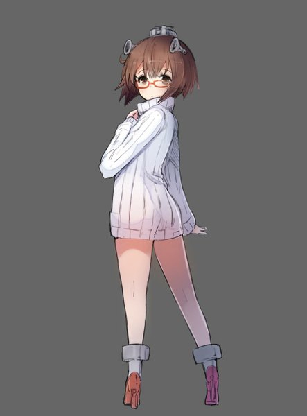 Anime picture 1000x1354 with kantai collection yukikaze destroyer sumisu (mondo) single tall image looking at viewer short hair simple background brown hair brown eyes looking back grey background legs girl glasses sweater